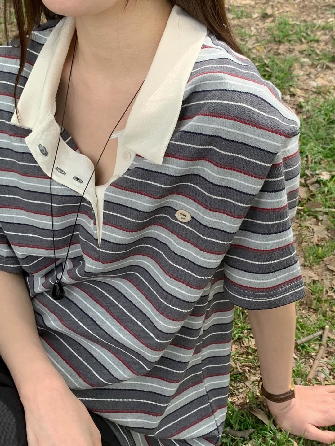 Areing Multi-Stripe Polo Collar Short Sleeve Top — Contrast Collar