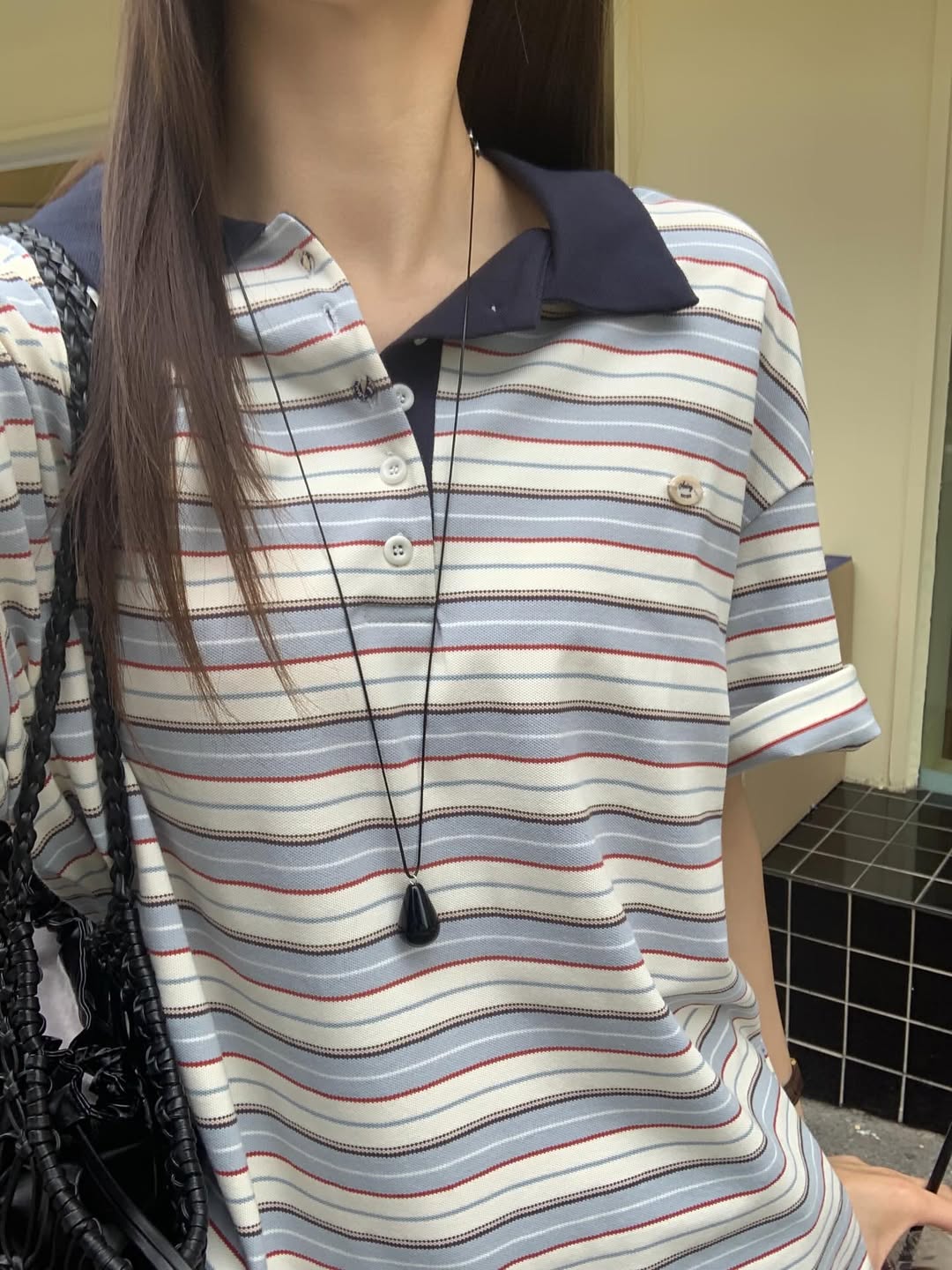 Areing Multi-Stripe Polo Collar Short Sleeve Top — Contrast Collar