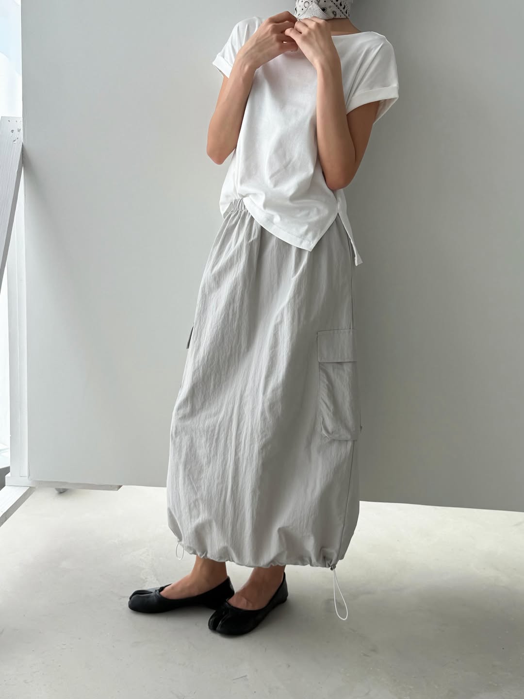 Favert Cargo Pocket Balloon Nylon Skirt — Nylon Elastic Waist Drawstring