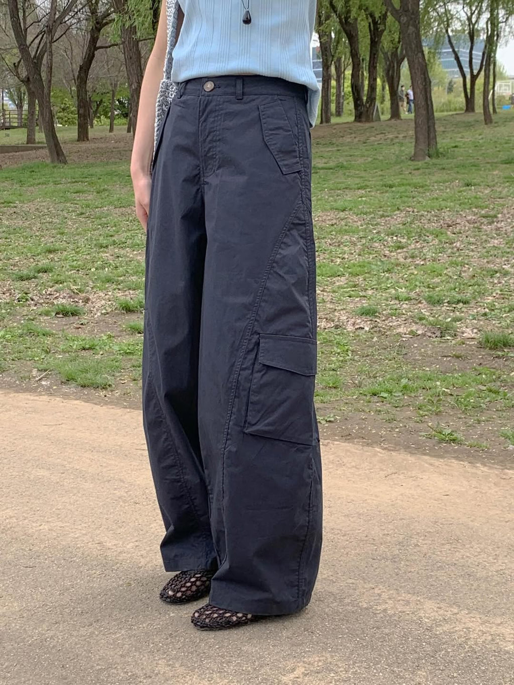 Areing Melton Cargo Wide-Leg Trousers — Multi-Pocket