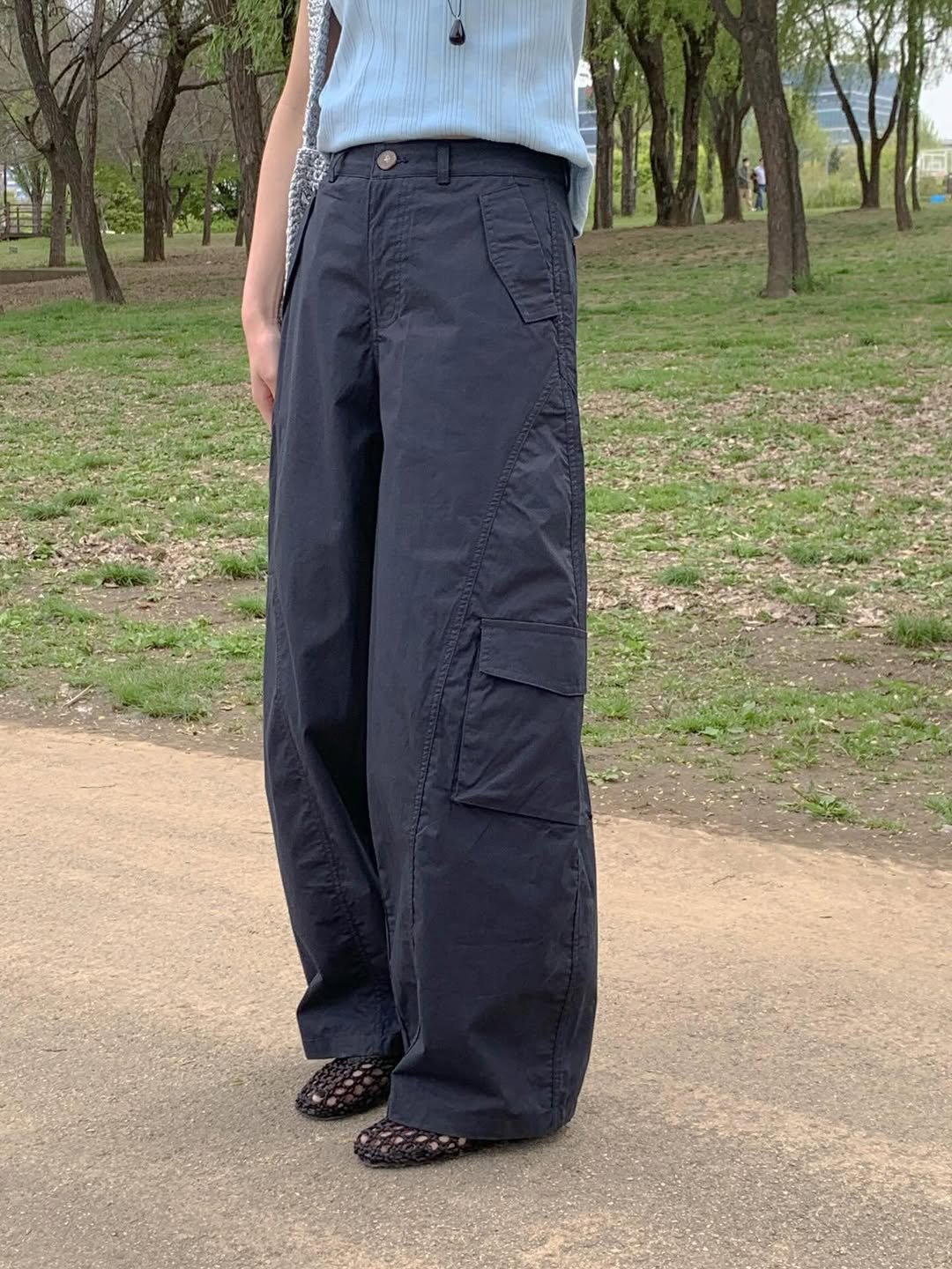 Areing Melton Cargo Wide-Leg Trousers — Multi-Pocket