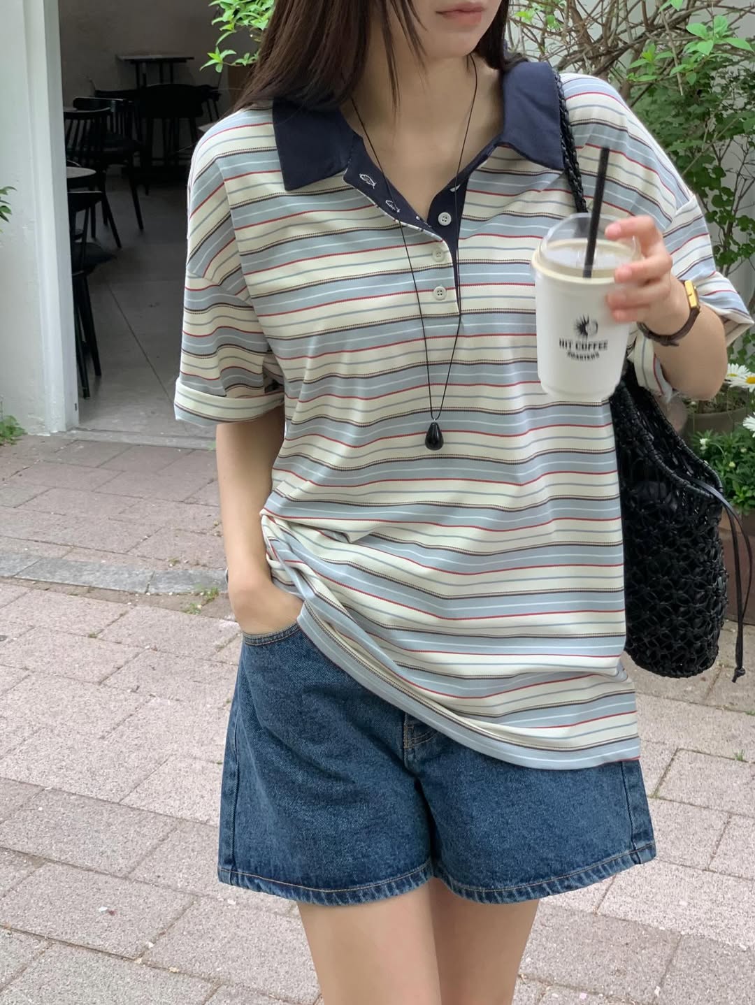 Areing Multi-Stripe Polo Collar Short Sleeve Top — Contrast Collar