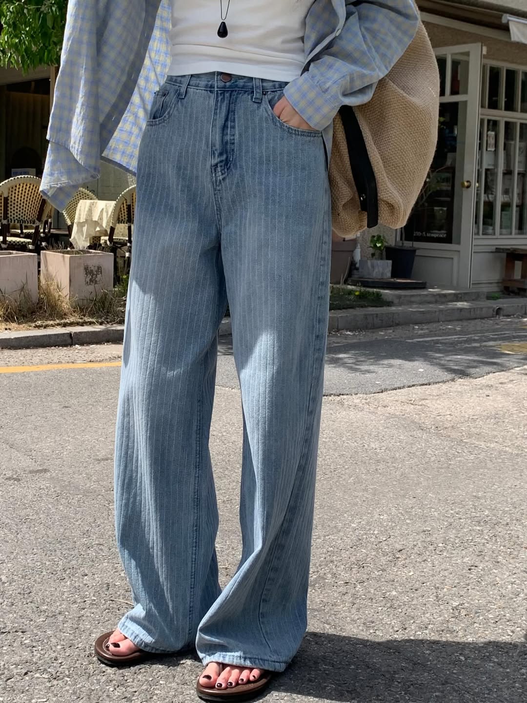 Areing Pinstripe Wide-Leg Jeans — Light Wash Denim