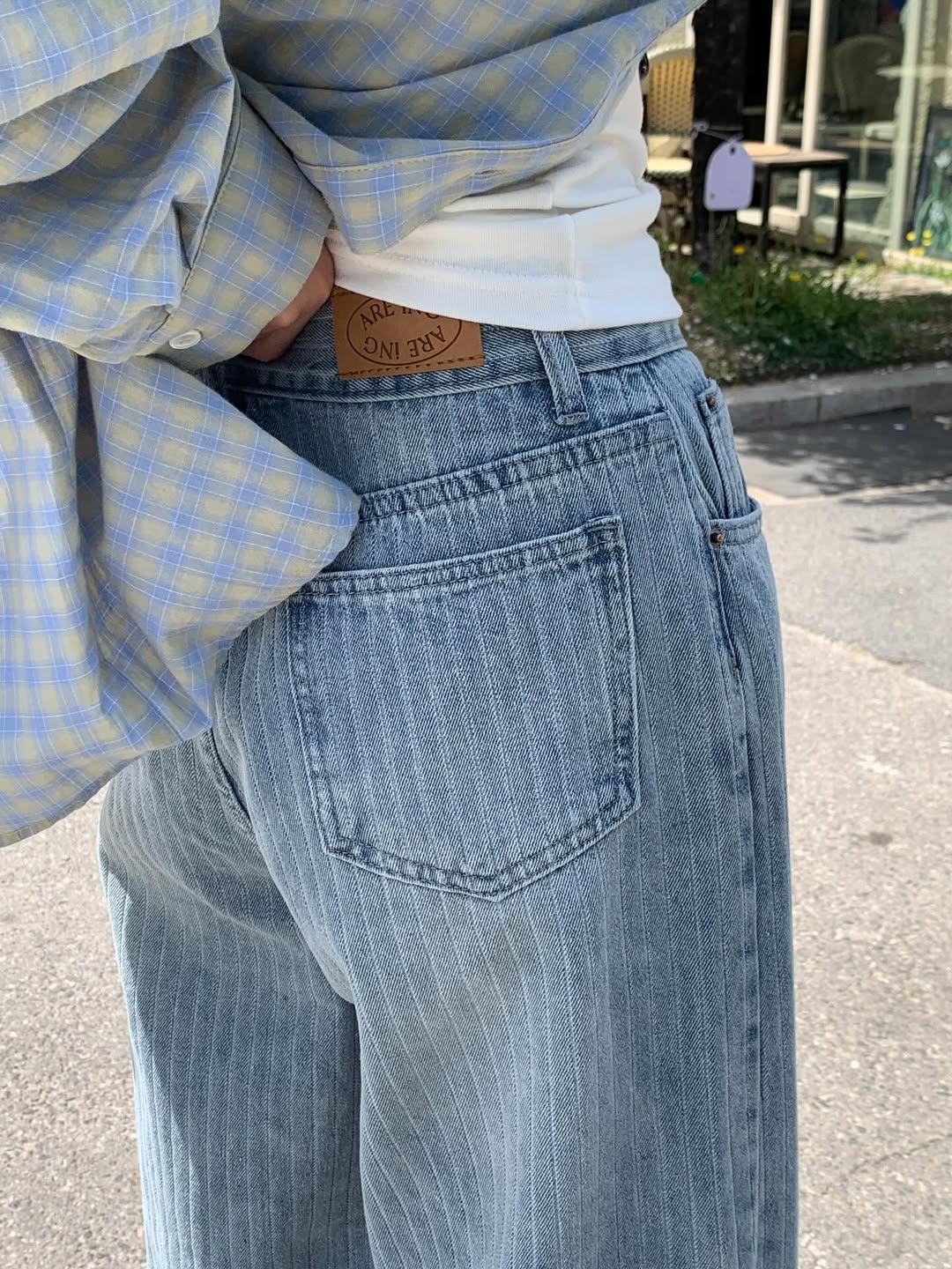 Areing Pinstripe Wide-Leg Jeans — Light Wash Denim