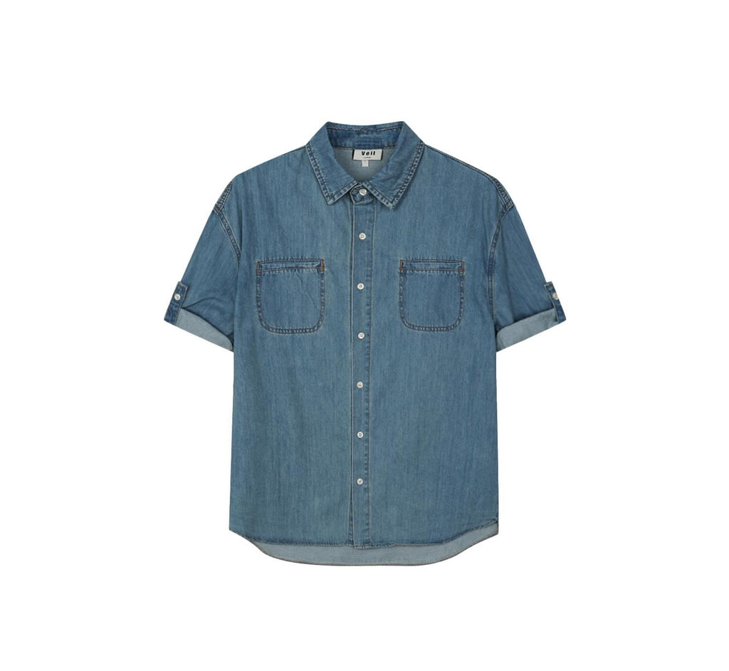 Roll-Up Sleeve Denim Shirt — Black front