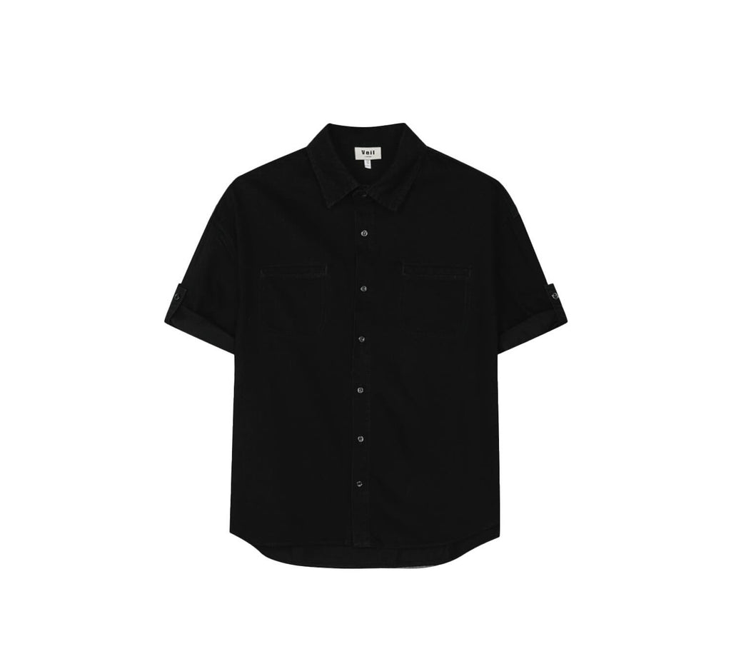 Roll-Up Sleeve Denim Shirt — Black worn look
