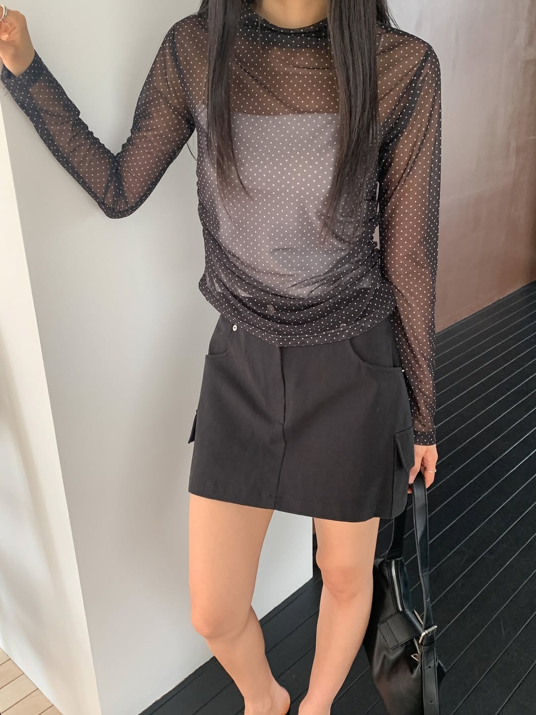 Merrymore Polka Dot Sheer Mesh Mock Neck Ruched Long Sleeve Top