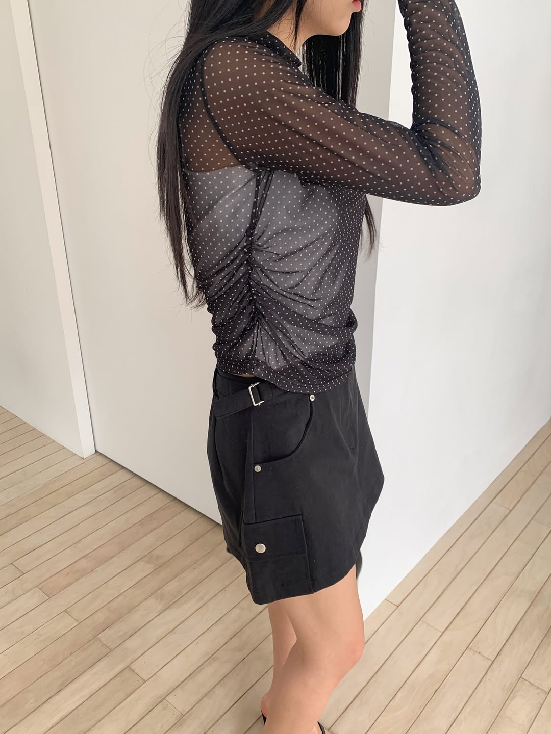 Merrymore Polka Dot Sheer Mesh Mock Neck Ruched Long Sleeve Top