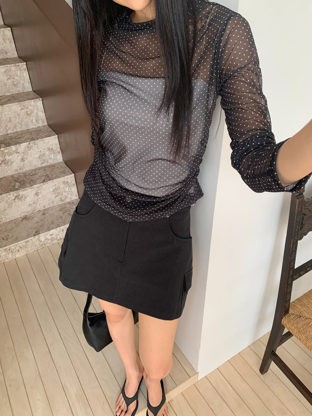 Merrymore Polka Dot Sheer Mesh Mock Neck Ruched Long Sleeve Top