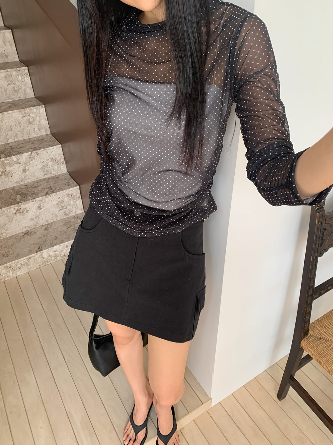 Merrymore Polka Dot Sheer Mesh Mock Neck Ruched Long Sleeve Top