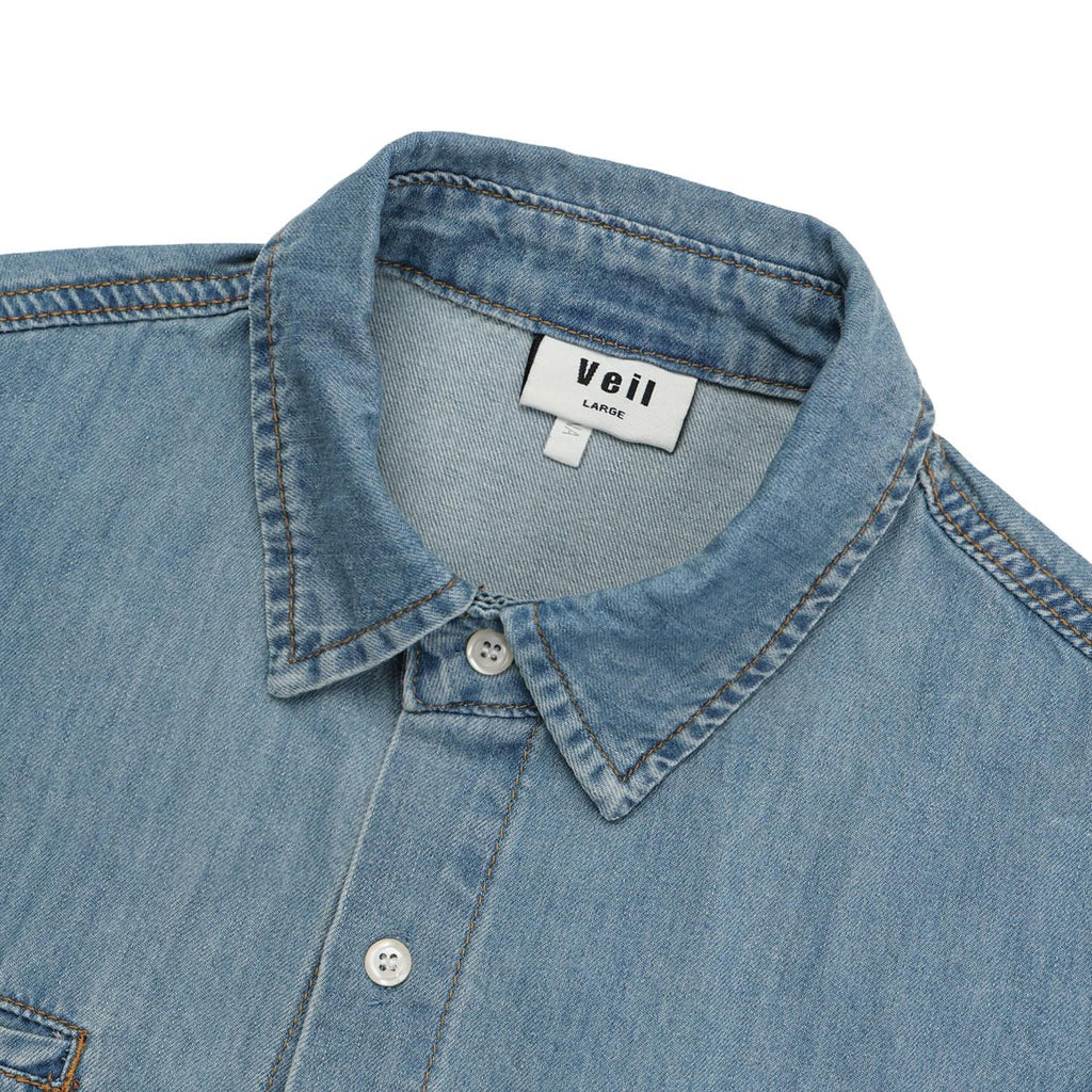 Roll-Up Sleeve Denim Shirt — Mid Blue worn look
