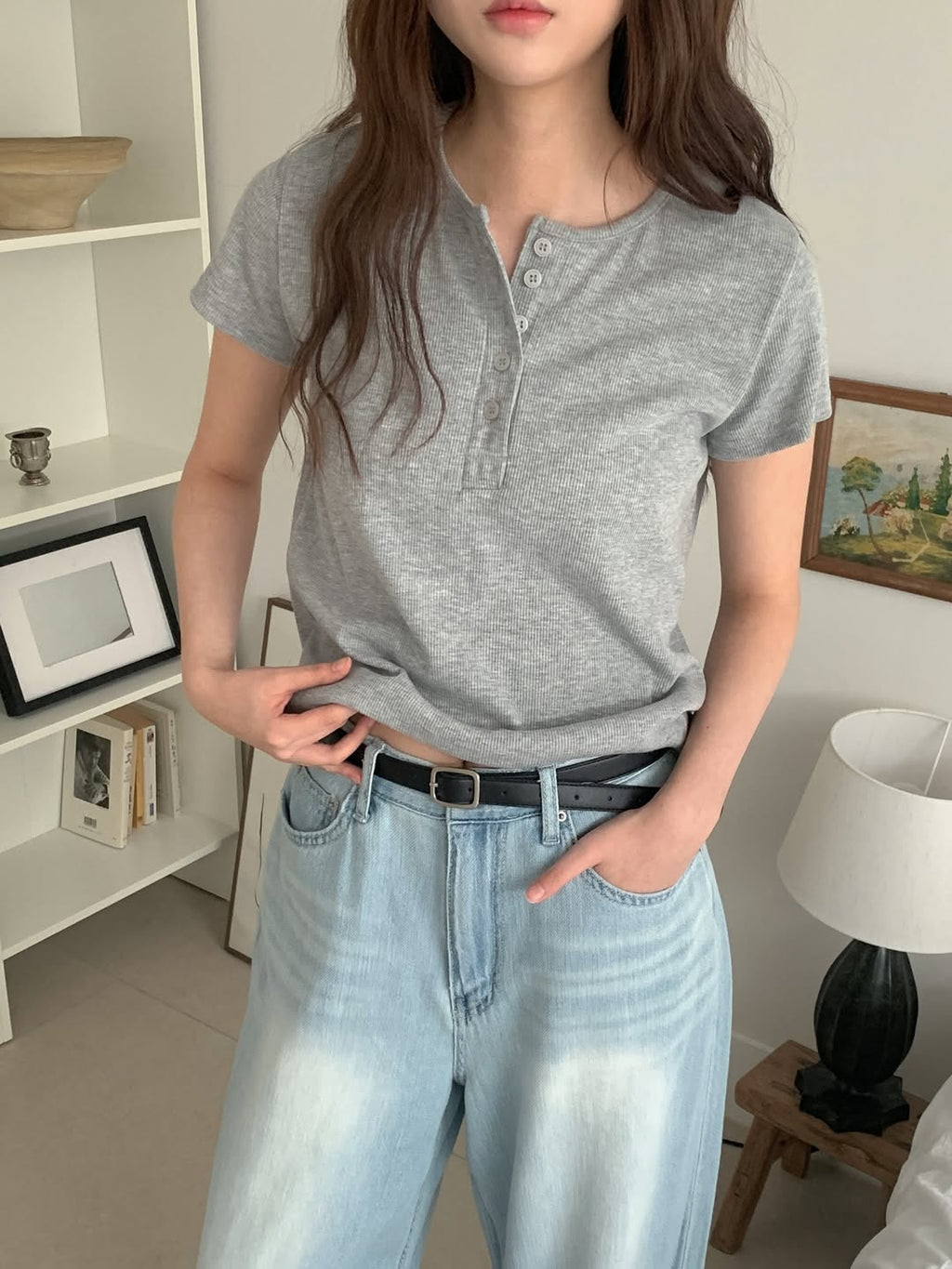 3Pack Obe Ribbed Henley Neck Short Sleeve Top