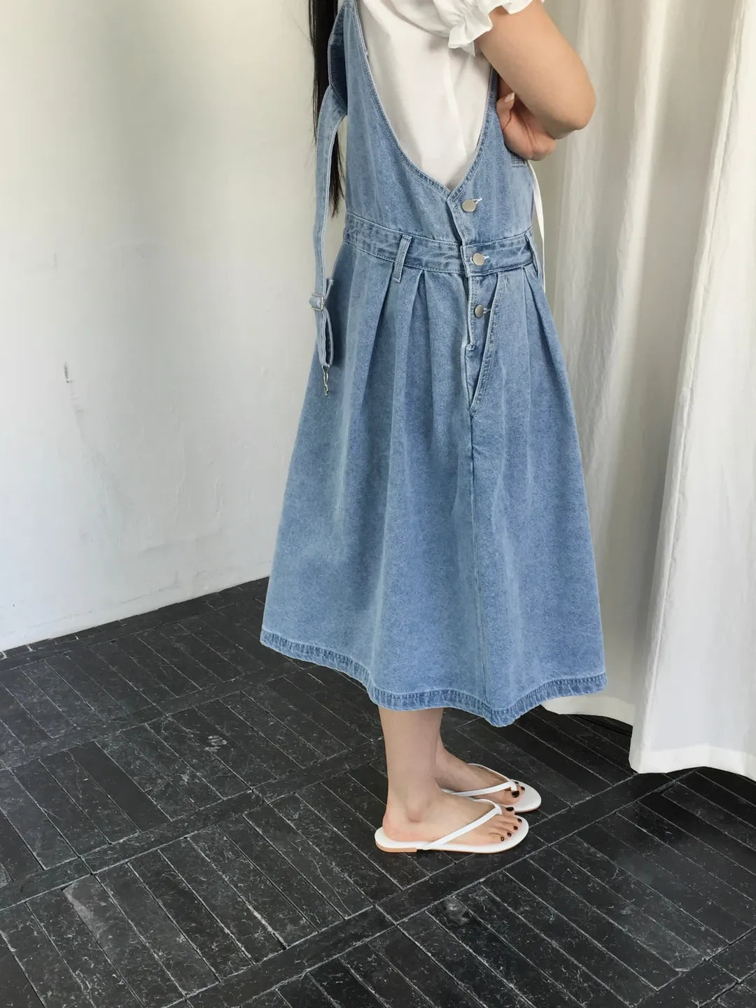 Lovemoment Pleated Denim Overall Midi Skirt