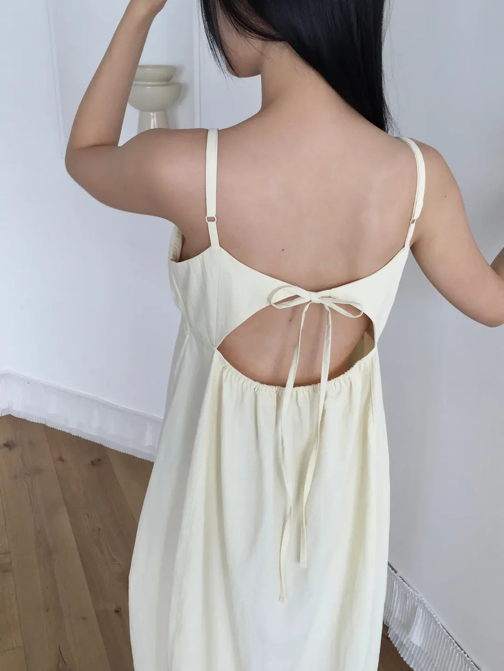 Lovemoment Balloon Washer Midi Dress — Nylon Spaghetti Strap Open Back