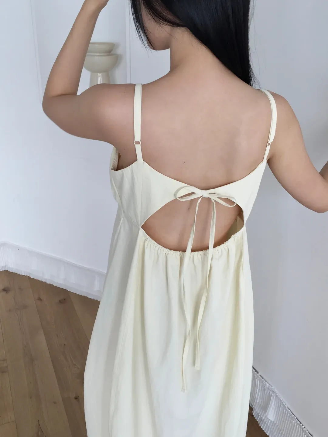 Lovemoment Balloon Washer Midi Dress — Nylon Spaghetti Strap Open Back