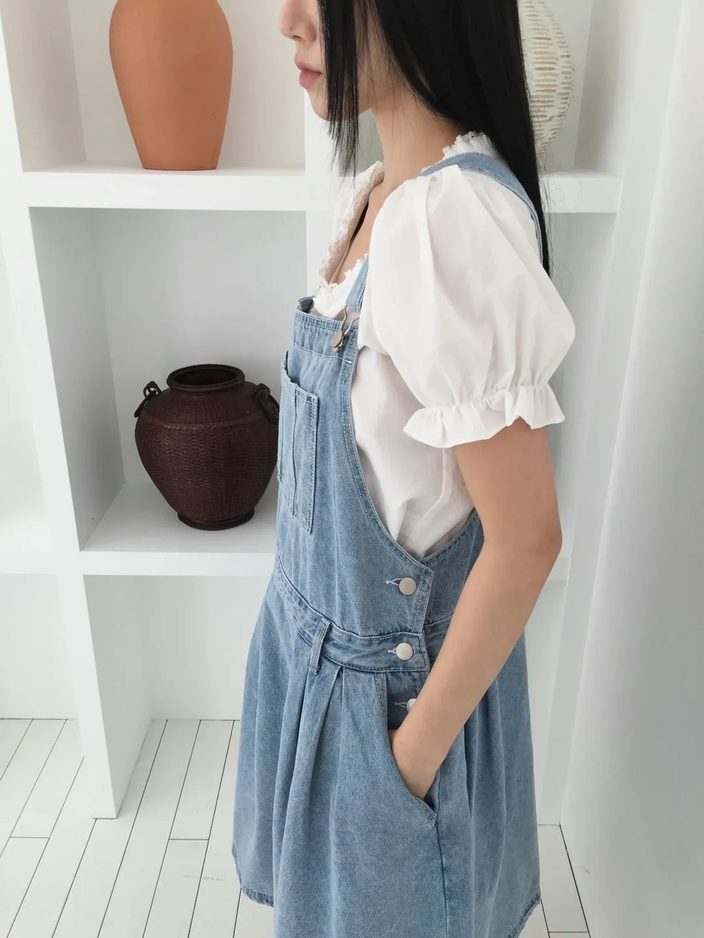 Lovemoment Pleated Denim Overall Midi Skirt