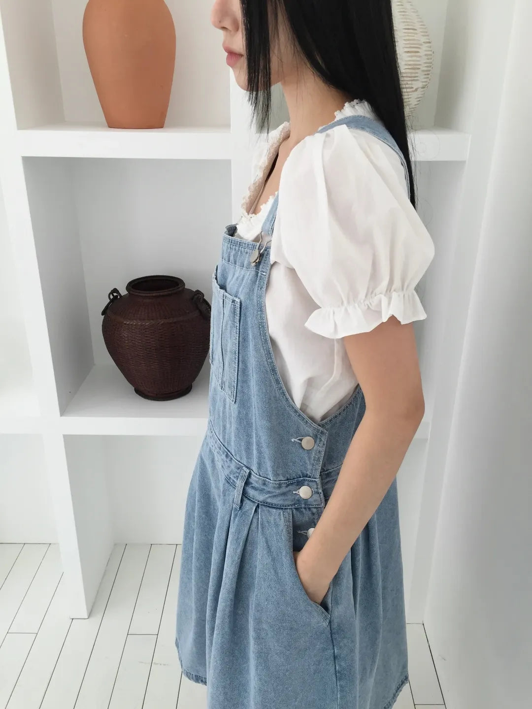 Lovemoment Pleated Denim Overall Midi Skirt