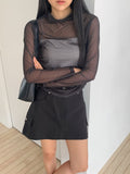 Merrymore Polka Dot Sheer Mesh Mock Neck Ruched Long Sleeve Top