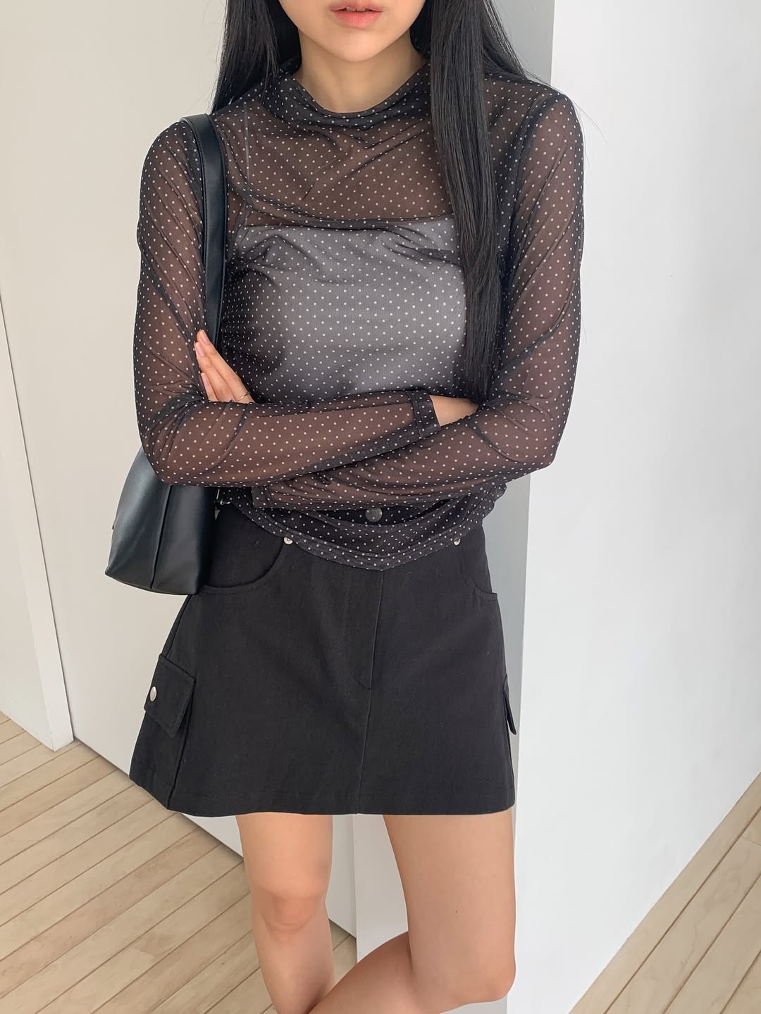 Merrymore Polka Dot Sheer Mesh Mock Neck Ruched Long Sleeve Top