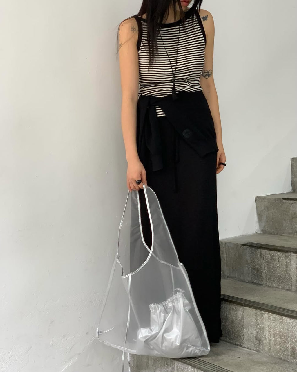 Madly Clear Mesh Big Tote Bag with Silver Pouch