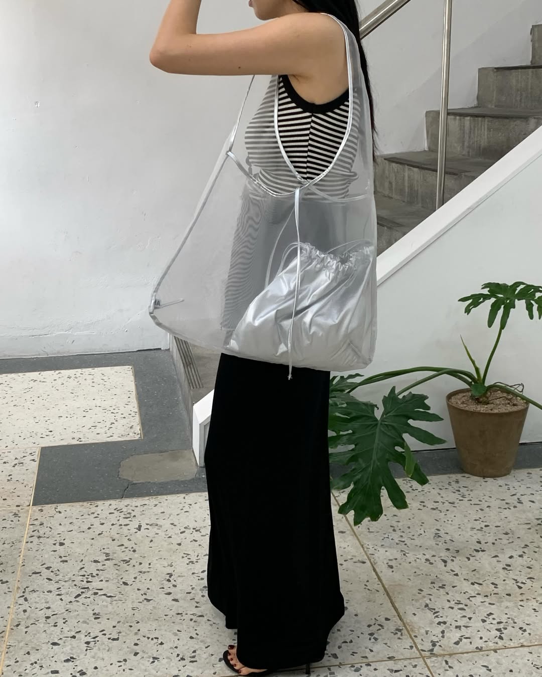 Madly Clear Mesh Big Tote Bag with Silver Pouch