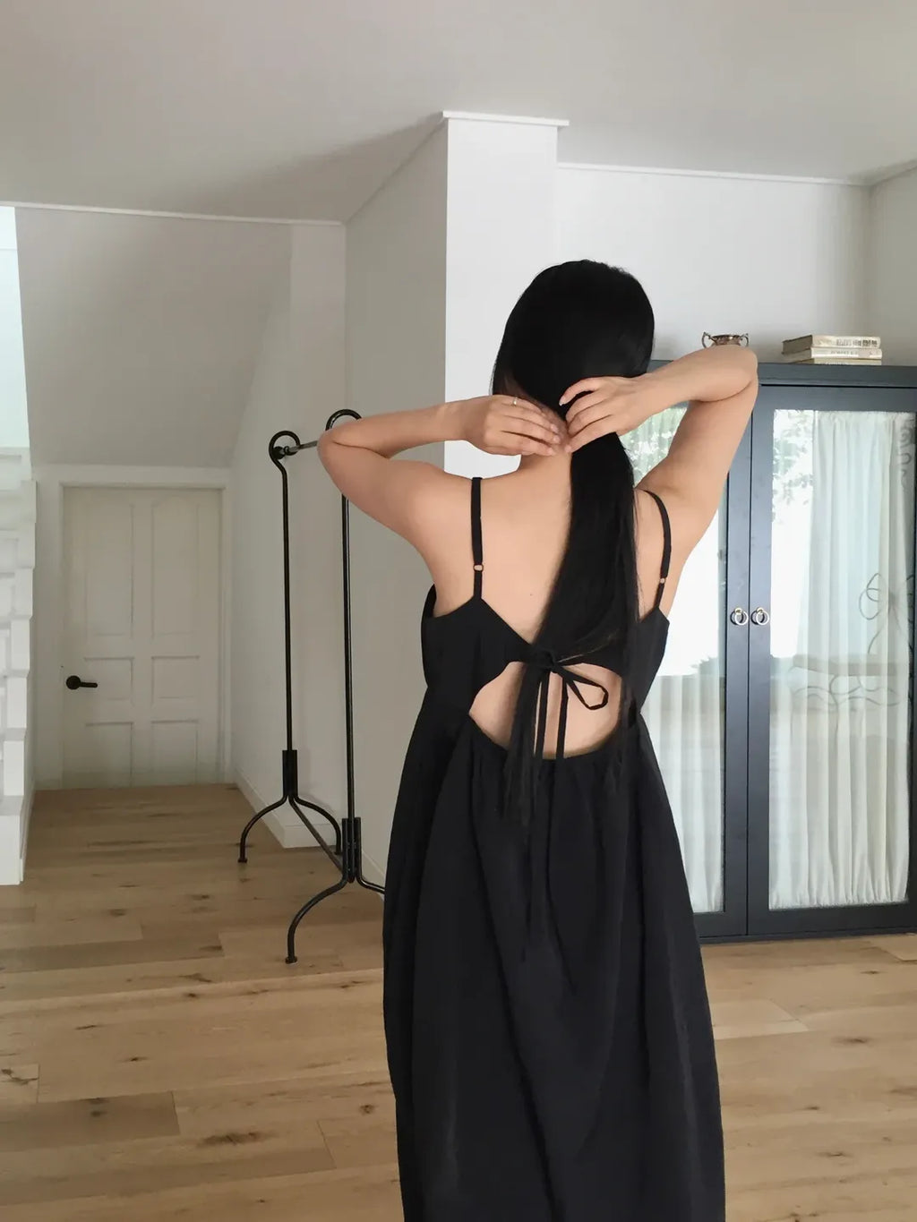 Lovemoment Balloon Washer Midi Dress — Nylon Spaghetti Strap Open Back