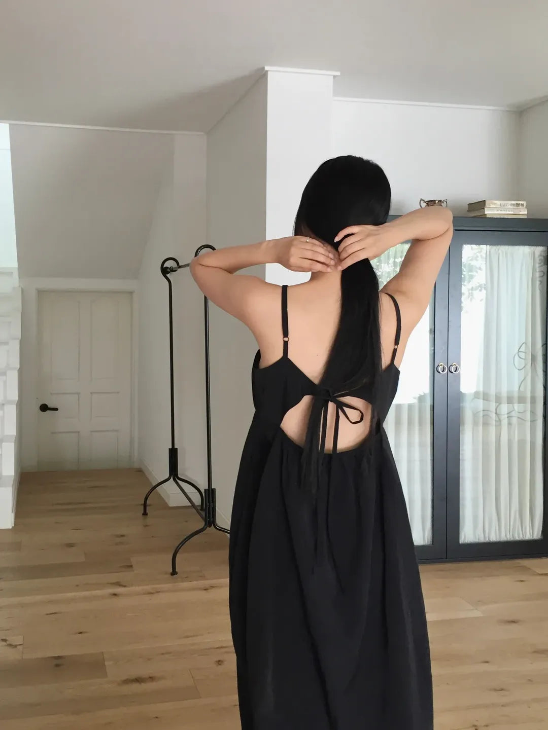 Lovemoment Balloon Washer Midi Dress — Nylon Spaghetti Strap Open Back