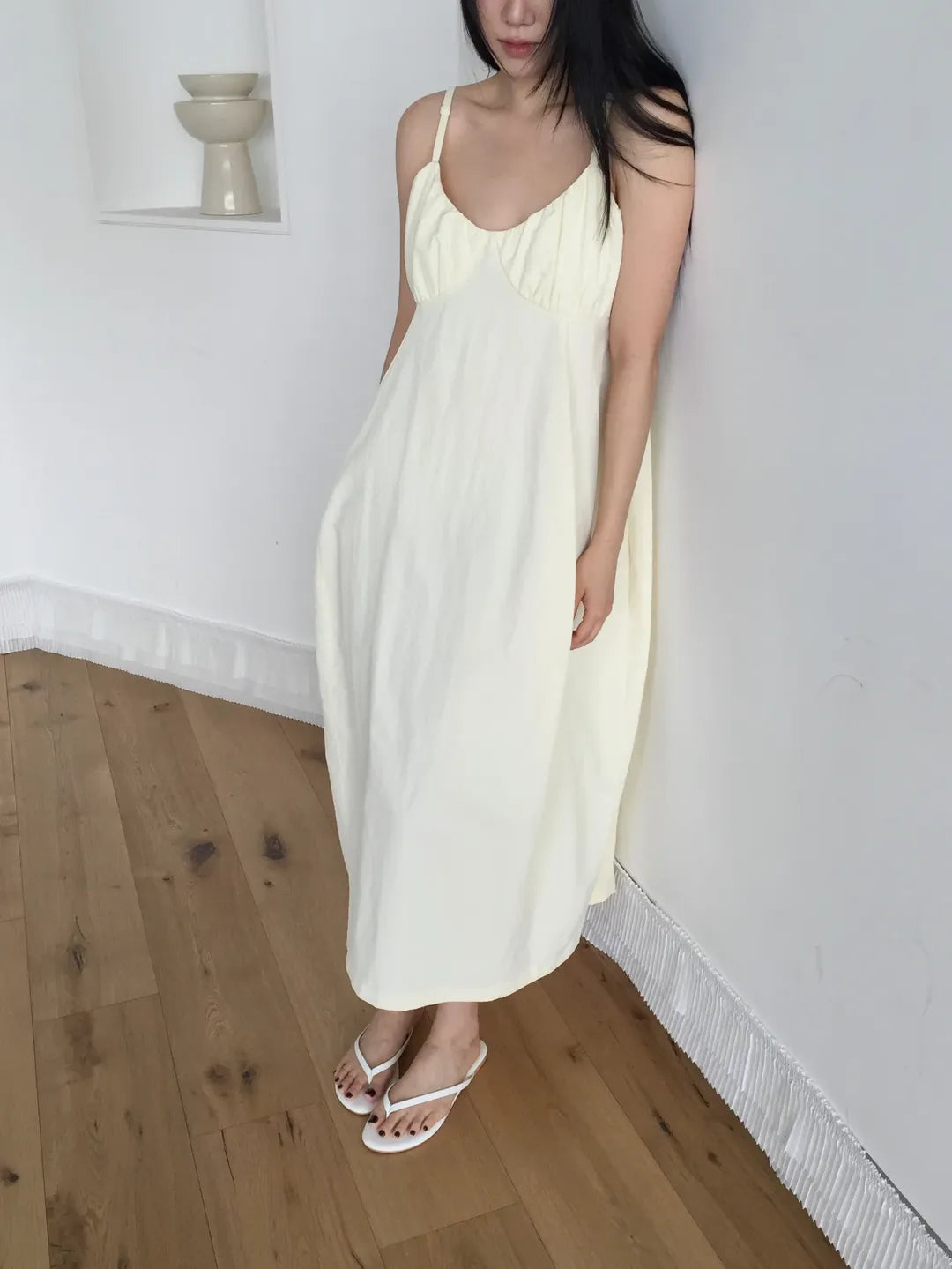 Lovemoment Balloon Washer Midi Dress — Nylon Spaghetti Strap Open Back