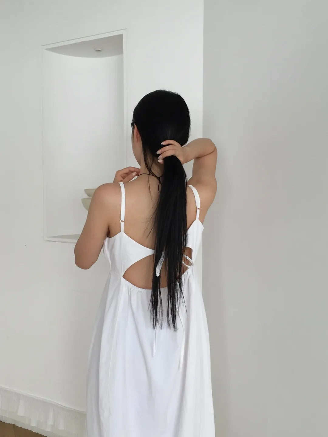 Lovemoment Balloon Washer Midi Dress — Nylon Spaghetti Strap Open Back