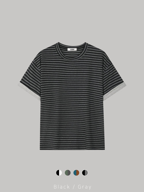 Mezzo striped roll-up sleeve T-shirt in Blue-Brown, front view flat lay