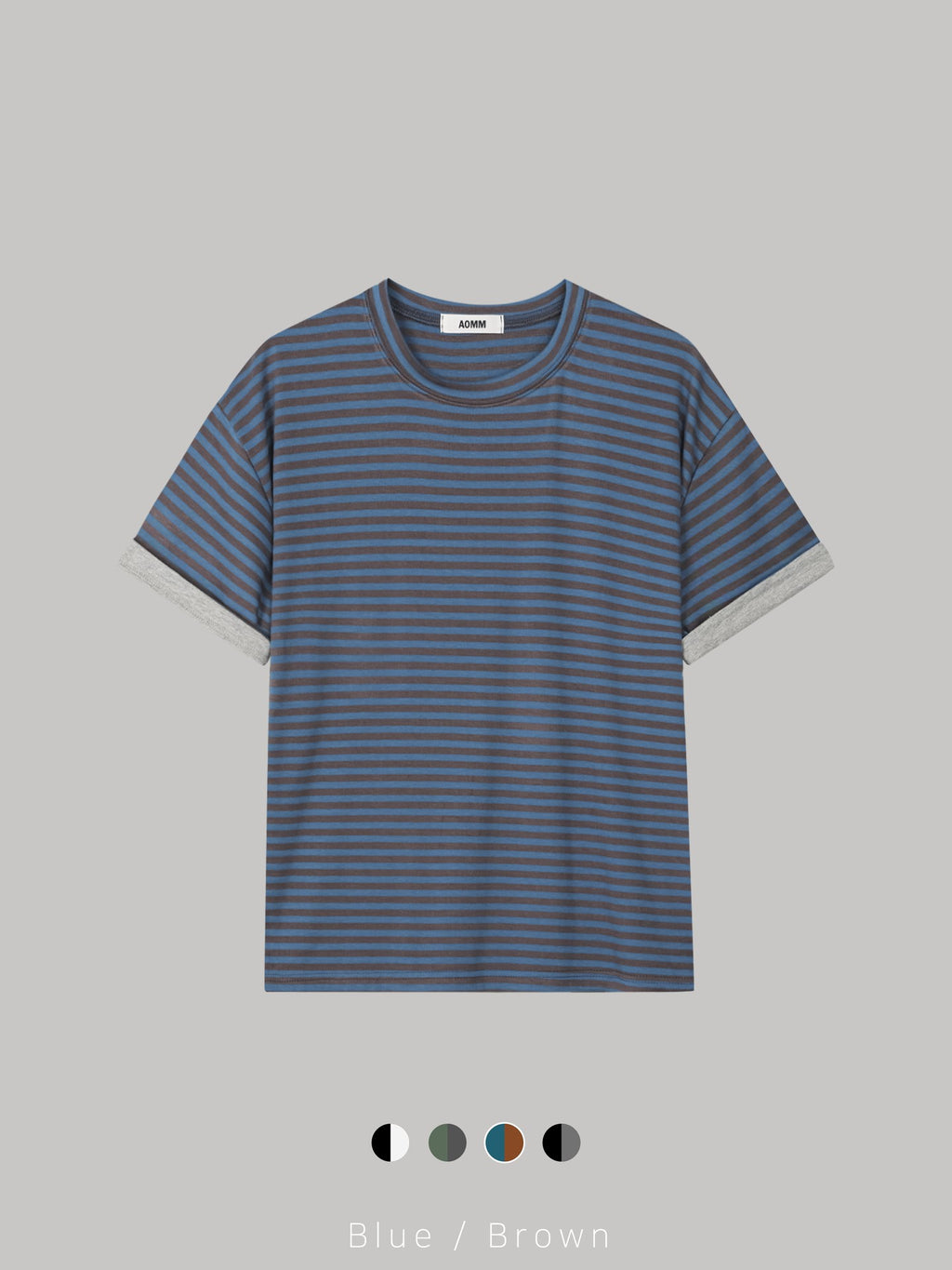 Mezzo striped roll-up sleeve T-shirt in Blue-Brown, back view flat lay