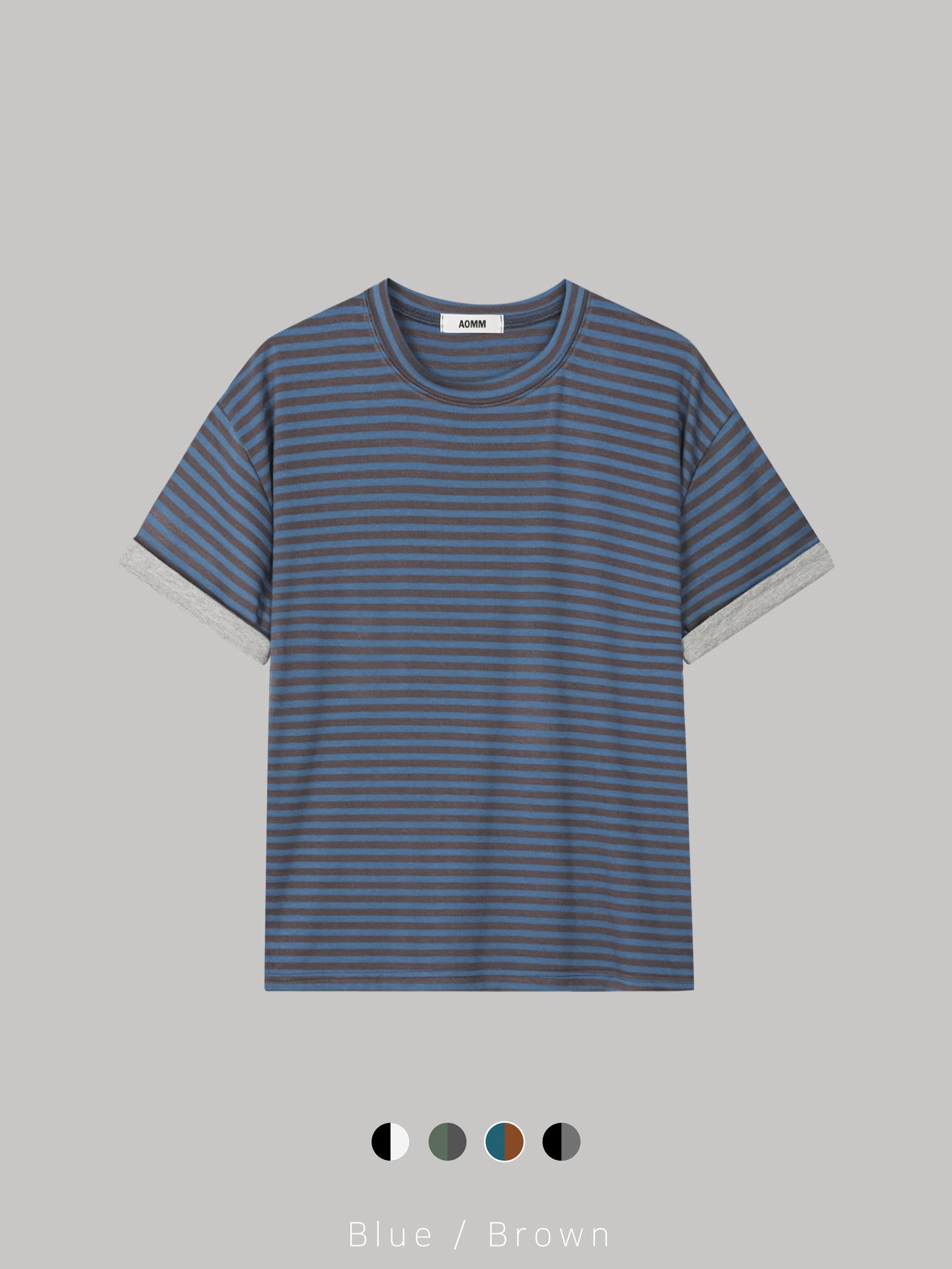 Mezzo striped roll-up sleeve T-shirt in Blue-Brown, back view flat lay