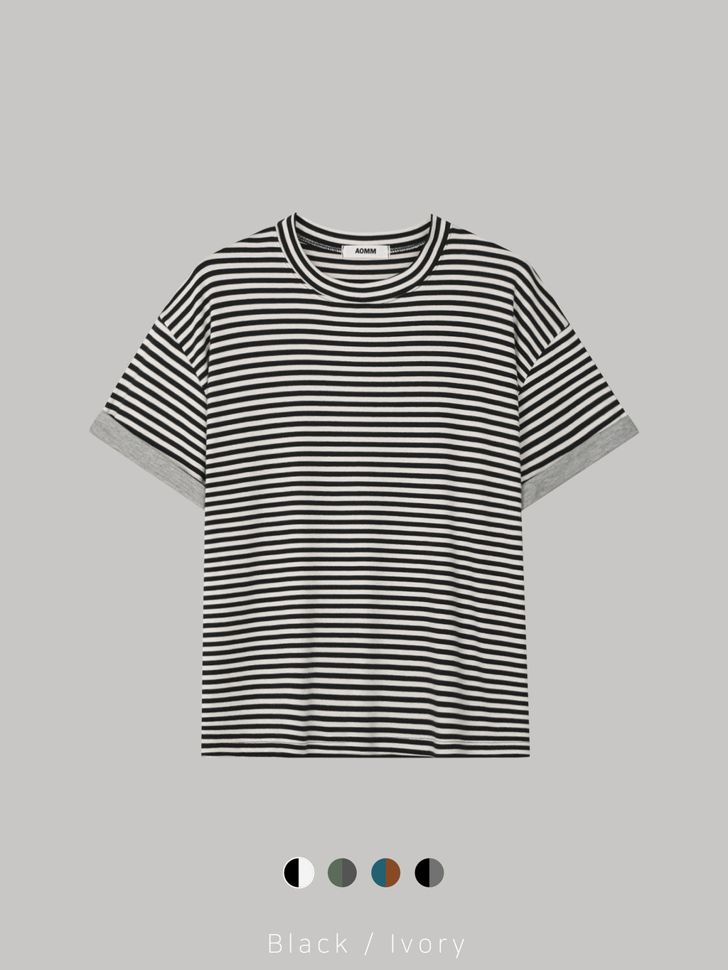 Mezzo striped roll-up sleeve T-shirt in Blue-Brown, sleeve close-up