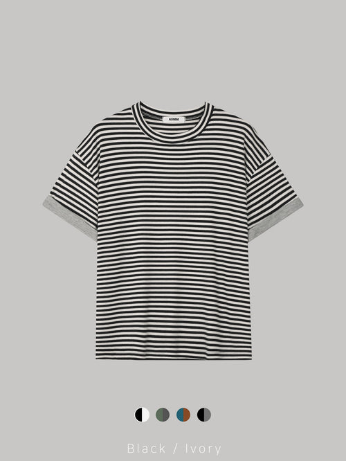 Mezzo striped roll-up sleeve T-shirt in Blue-Brown, sleeve close-up