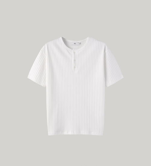 DeefHouse ribbed henley neck T-shirt in Ivory, back view flat lay