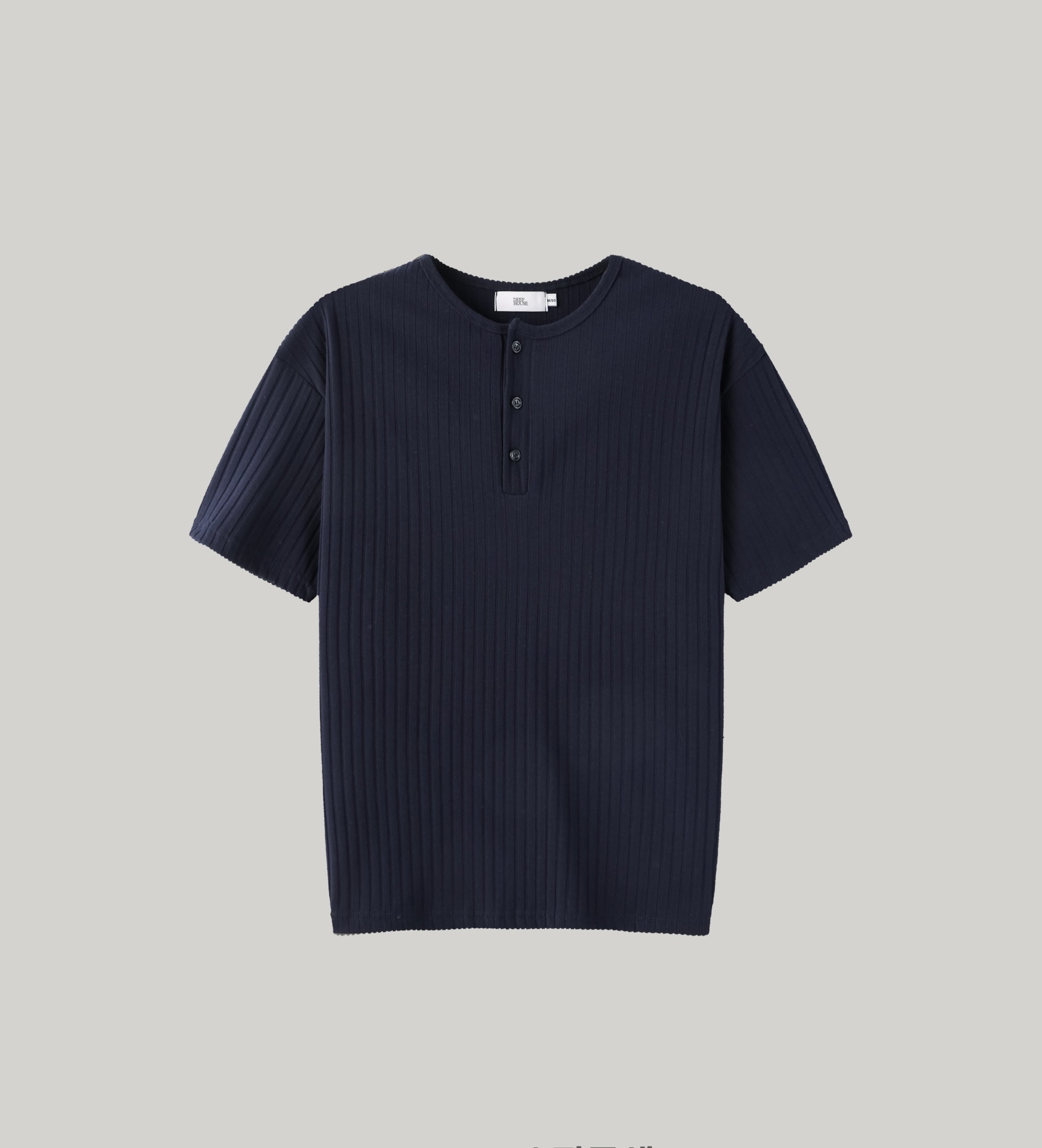 DeefHouse ribbed henley neck T-shirt in Navy, front view close-up