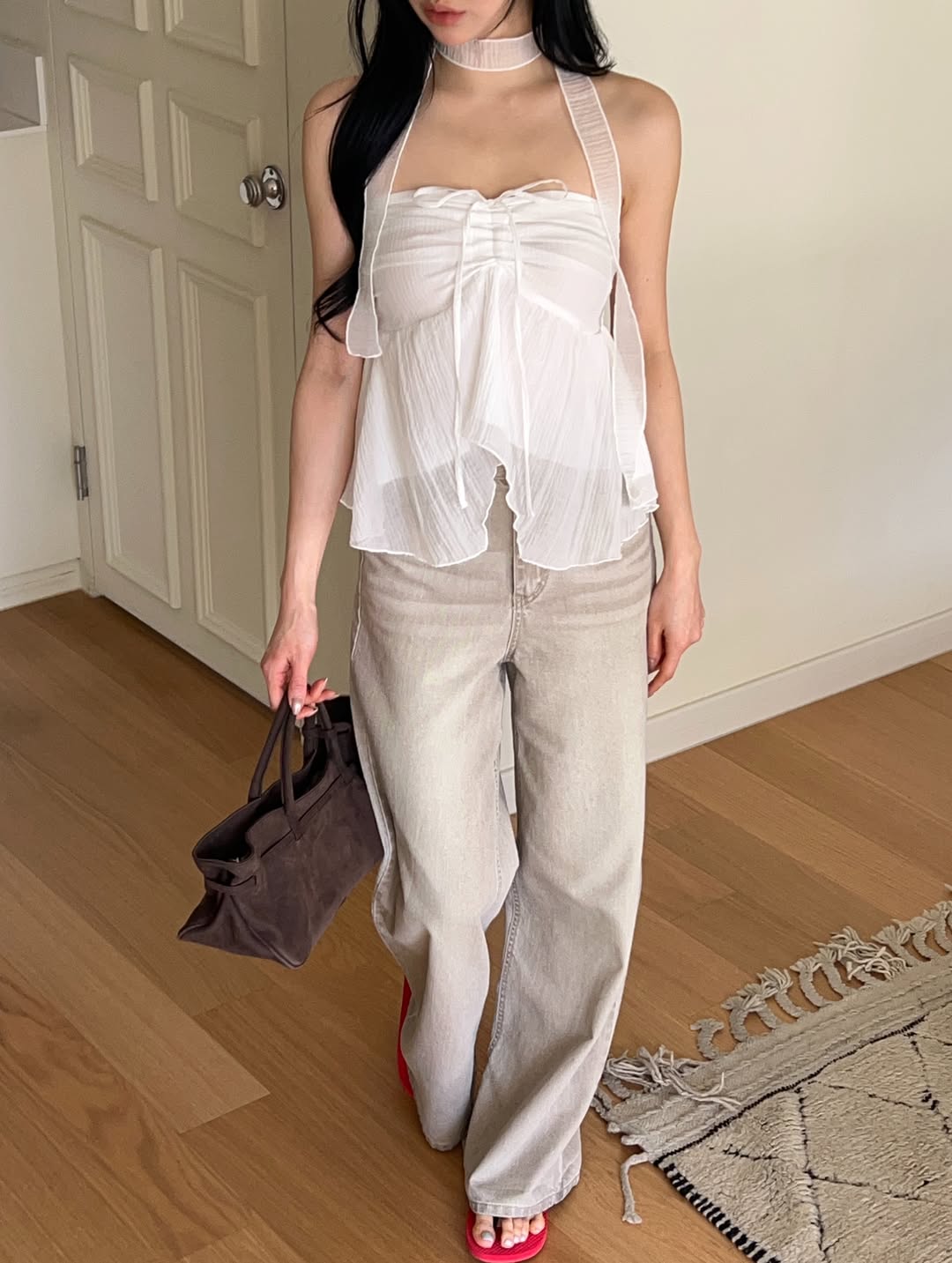 Baie38 Crinkle Halter Neck Blouse with Choker Strap