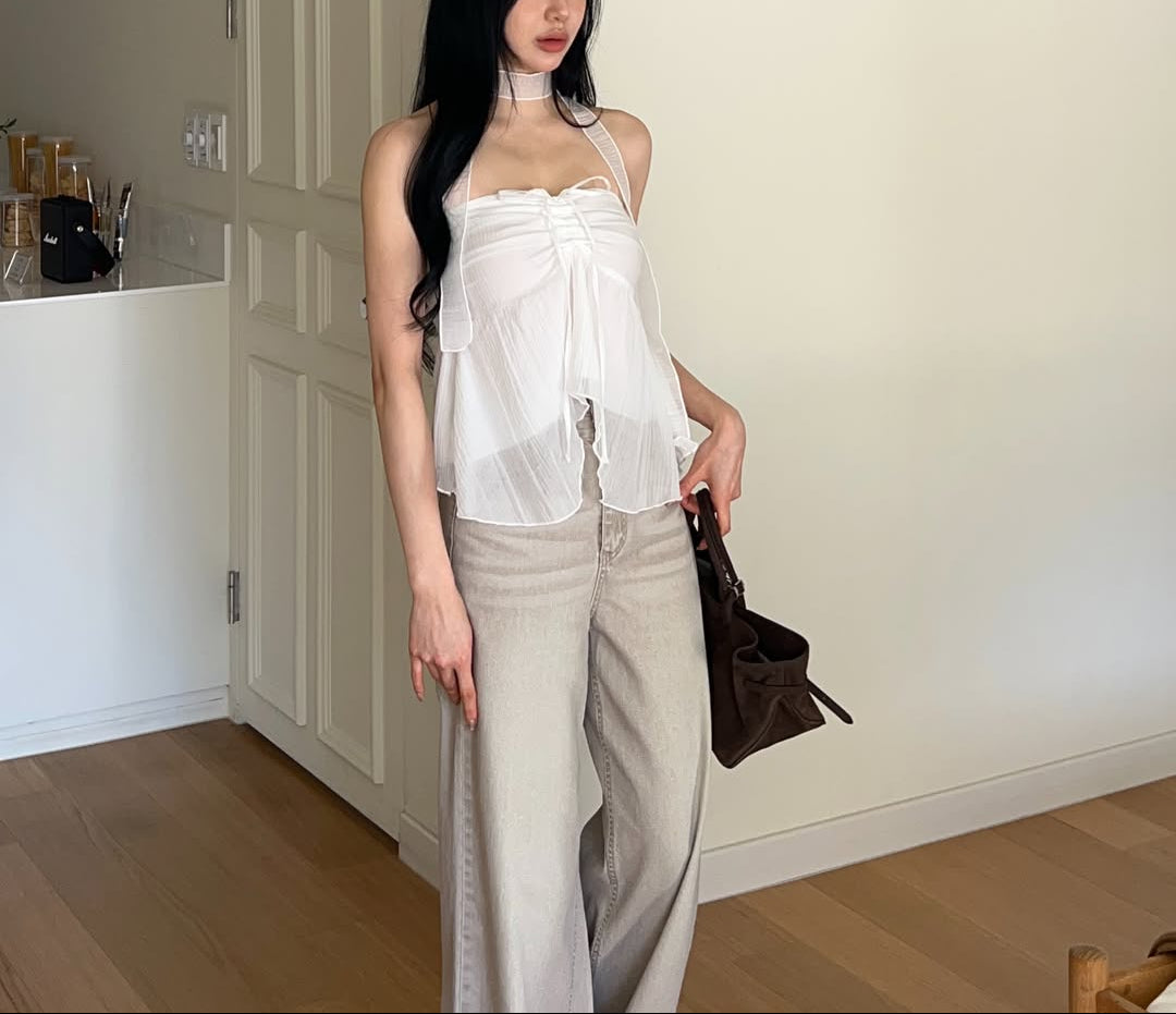 Baie38 Crinkle Halter Neck Blouse with Choker Strap