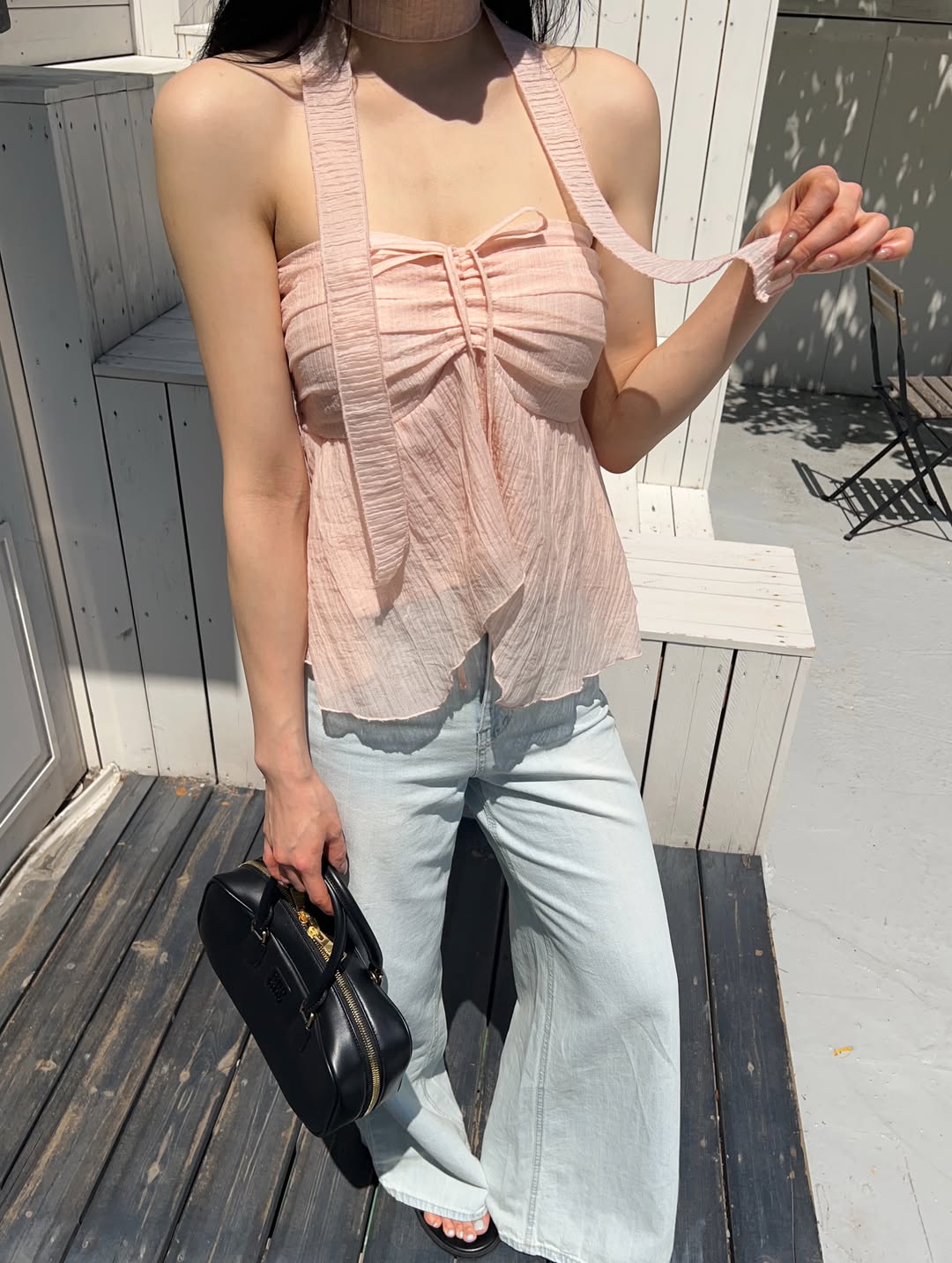 Baie38 Crinkle Halter Neck Blouse with Choker Strap