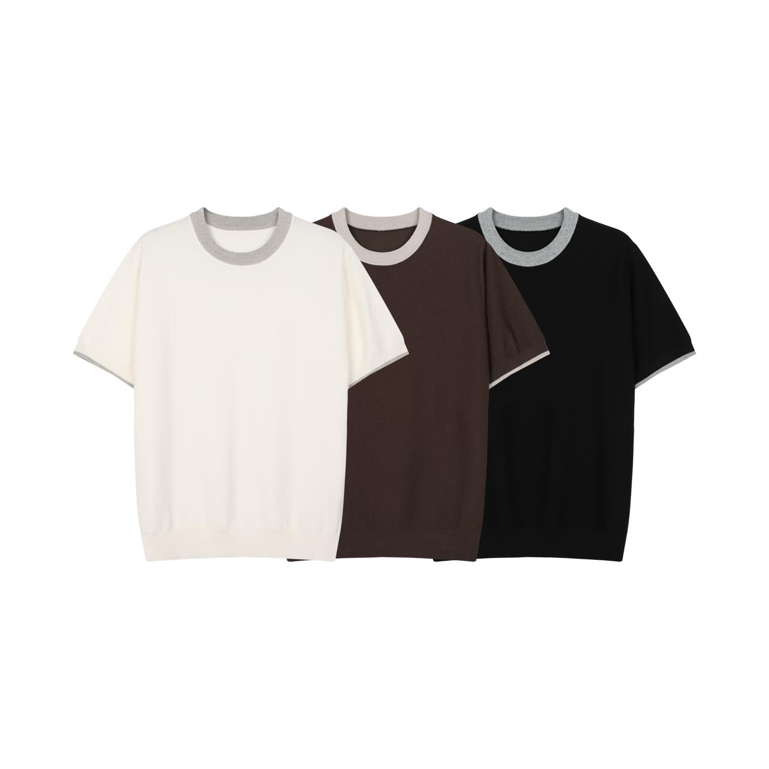 Contrast Trim Crew Neck Knit Tee — White