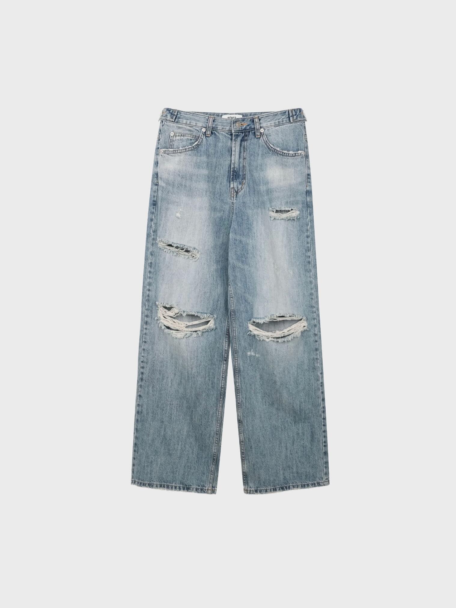 Reber wide leg ripped jeans in light wash, back view full length