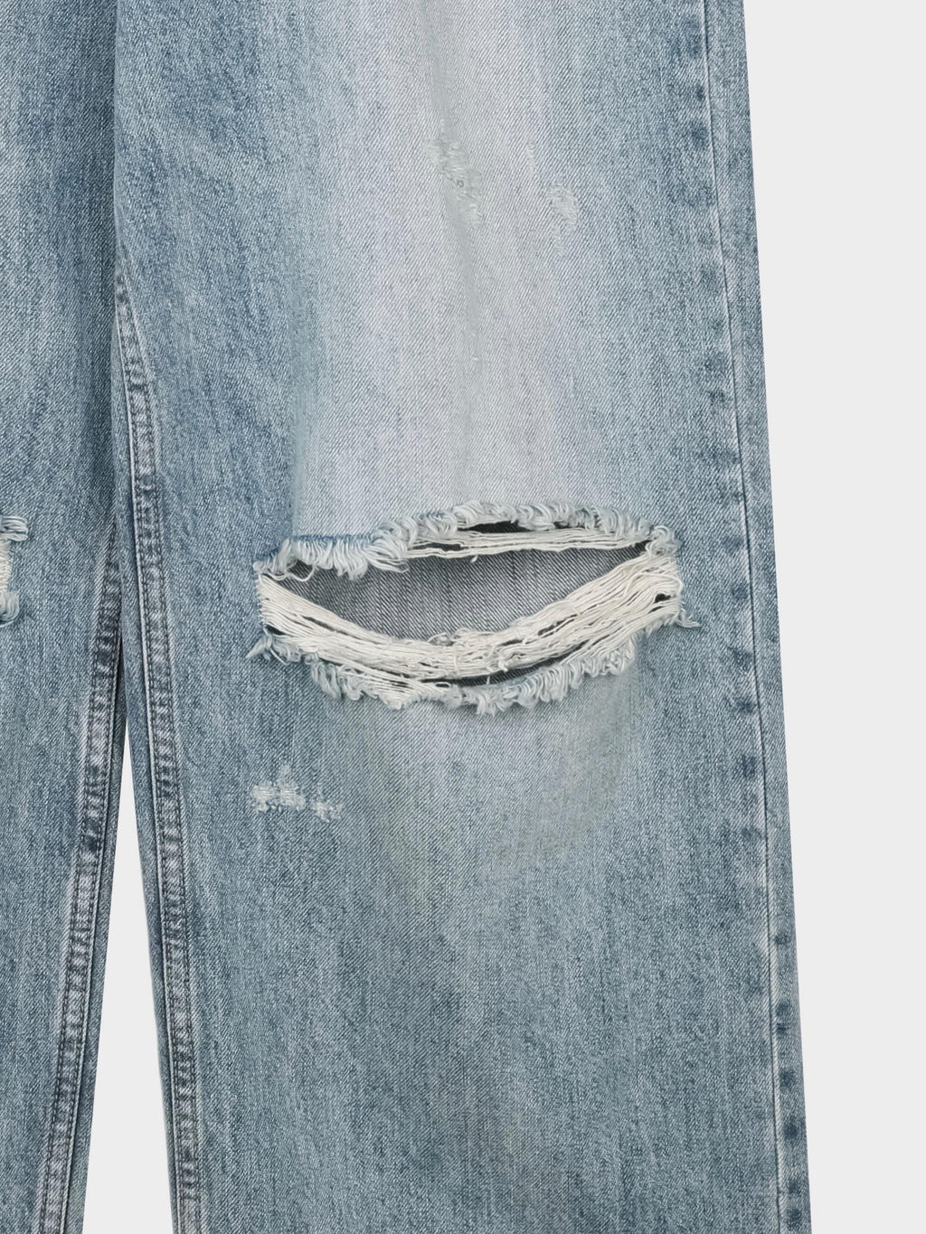 Reber wide leg ripped jeans in light wash, back pocket distressed detail