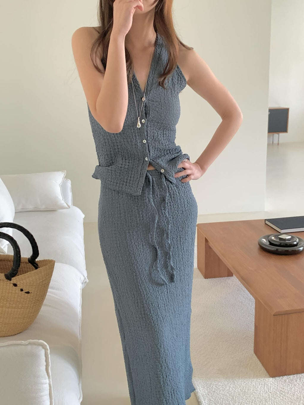 Hideaway Crinkle Texture Halter Crop Top & Drawstring Midi Skirt Set