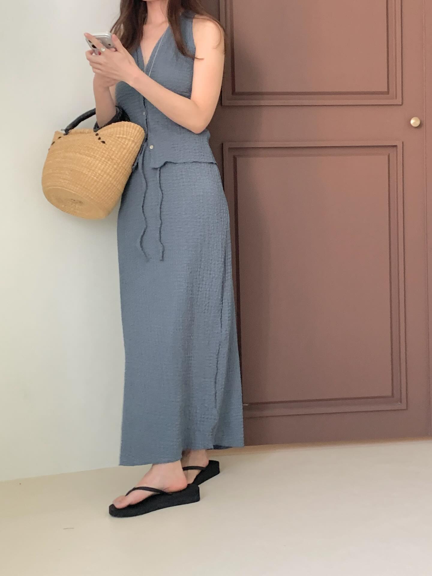 Hideaway Crinkle Texture Halter Crop Top & Drawstring Midi Skirt Set