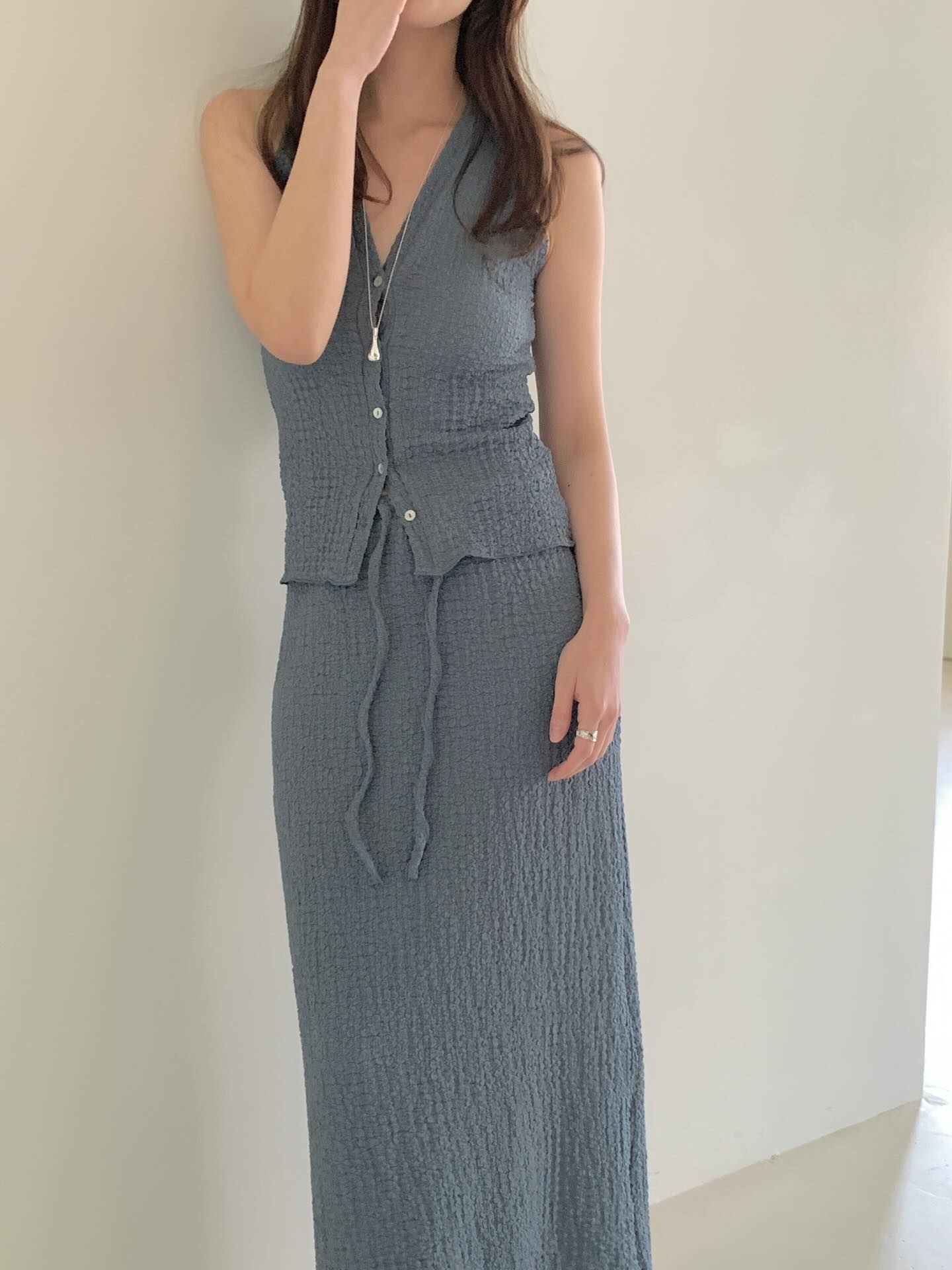 Hideaway Crinkle Texture Halter Crop Top & Drawstring Midi Skirt Set