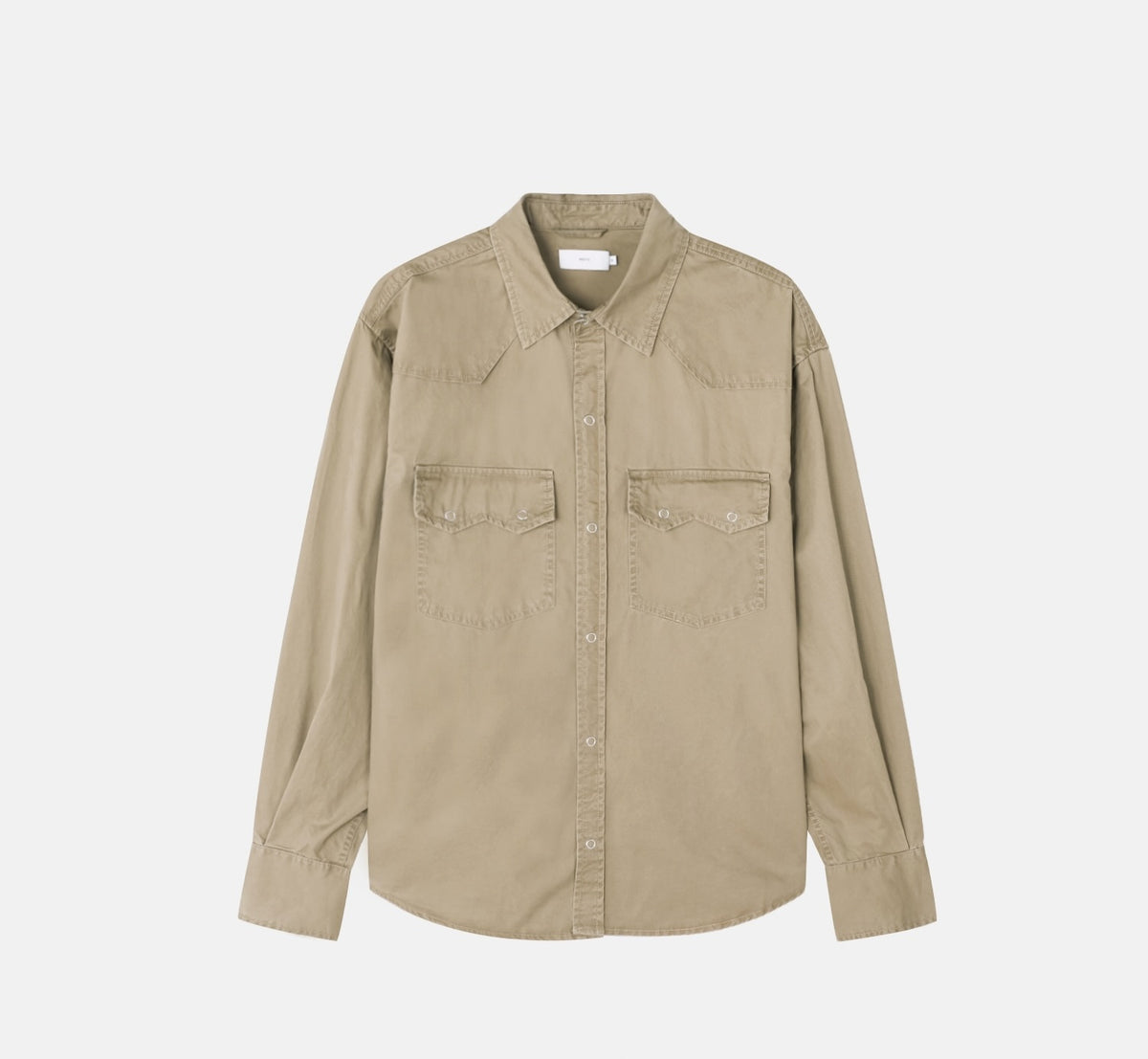 Back yoke and center pleat detail on a khaki washed cotton western shirt