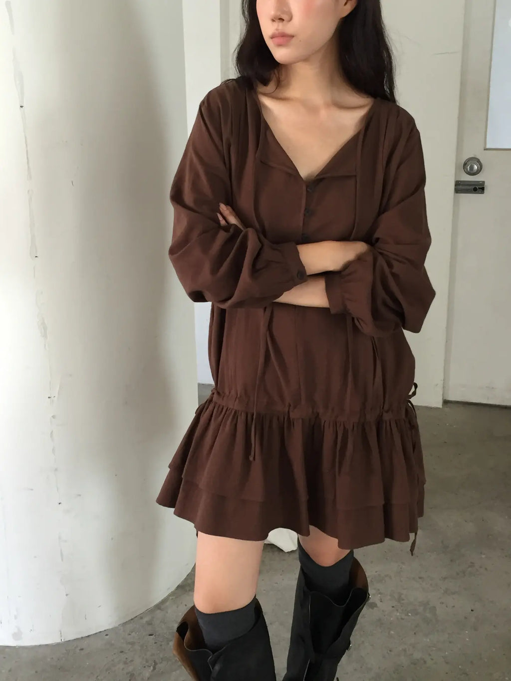 Button Front Drawstring Ruffle Mini Dress