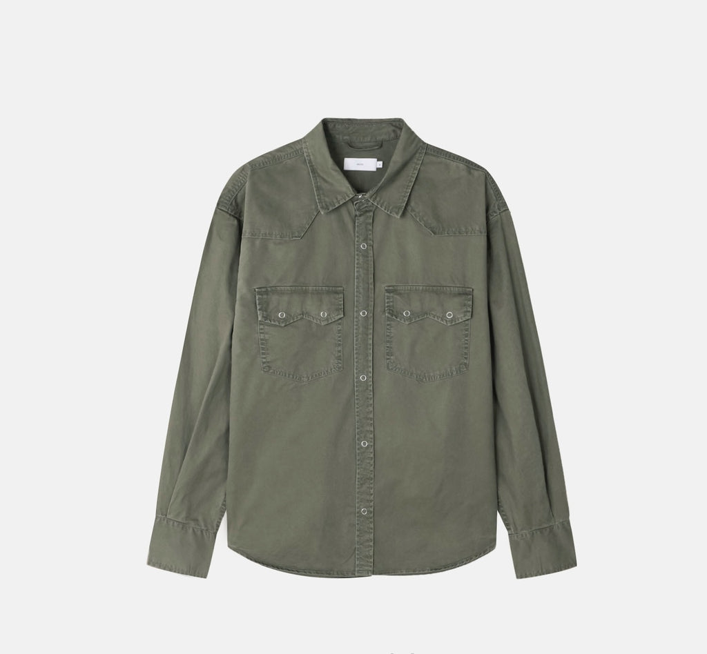 Beige men's washed cotton western snap shirt, front view