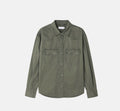 Beige men's washed cotton western snap shirt, front view