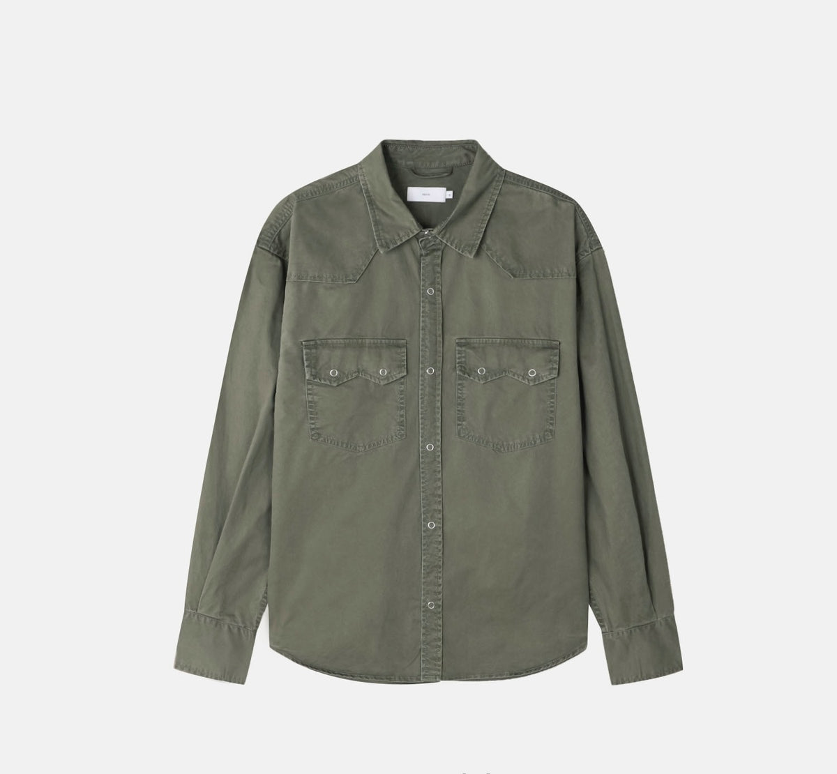 Beige men's washed cotton western snap shirt, front view